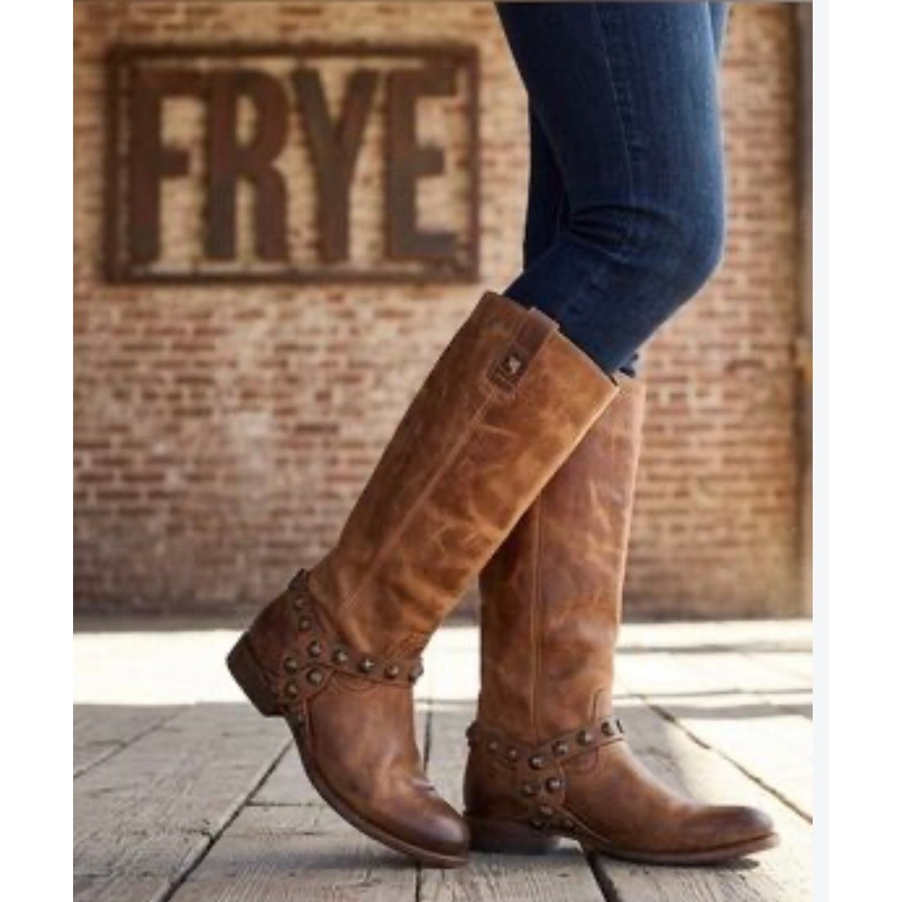 Frye Phillip Harness Studded Tall Leather Boots Moto Western Brown Tan 6.5B